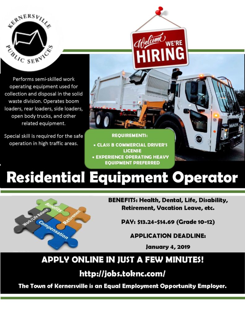 Residential Equipment Operator Vacancy Notice Town of Kernersville